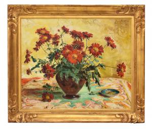 ALTE GEMÄLDE, ART DECO, STILLLEBEN, ROTE MÄRGERITENBLUMEN, ÖL AUF LEINWAND, 20. JAHRHUNDERT. (QF690)